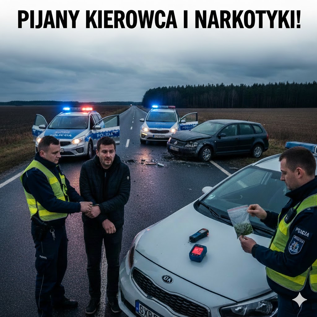 🚨 PRAWIE 1,5 PROMILA + NARKOTYKI! Podwójne Zarzuty dla Kierowcy, Który Spowodował Kolizję na DK10!