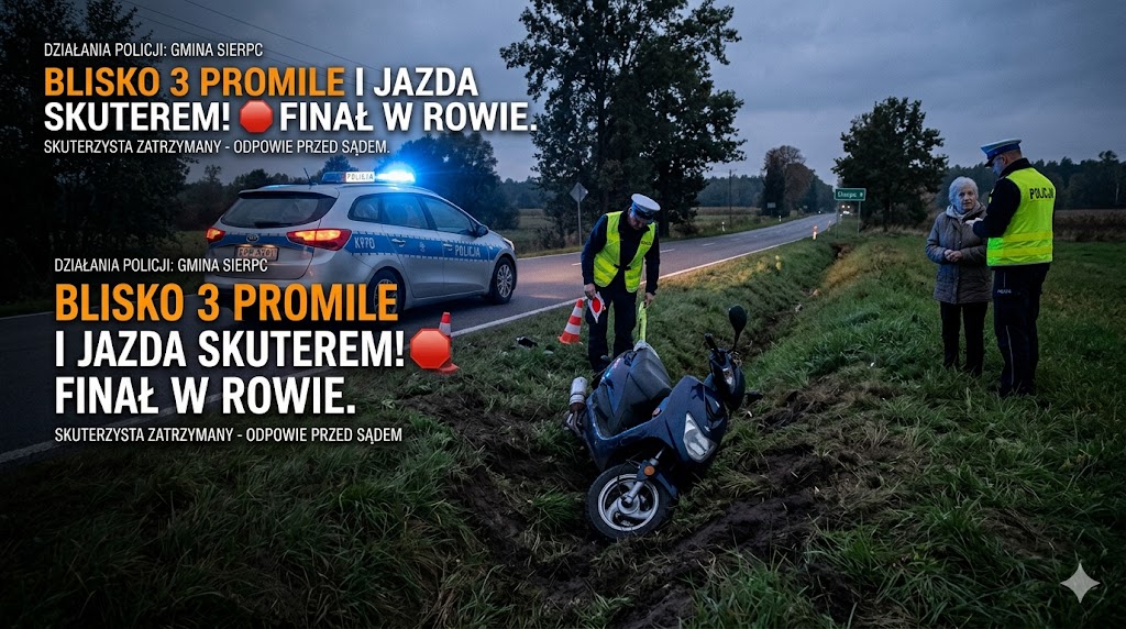 🛑 Blisko 3 promile i jazda skuterem. Kompletnie pijany kierowca wjechał do rowu pod Sierpcem!