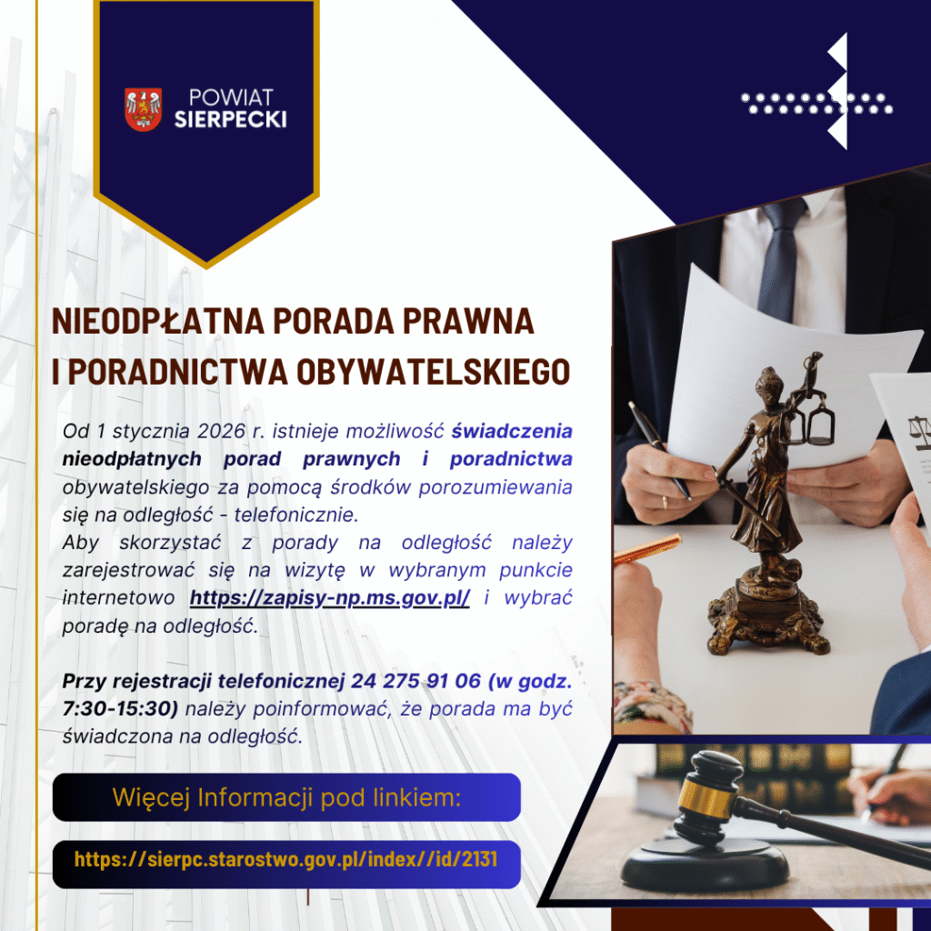 📢📢Bezpłatna pomoc prawna i poradnictwo obywatelskie w Powiecie Sierpeckim!