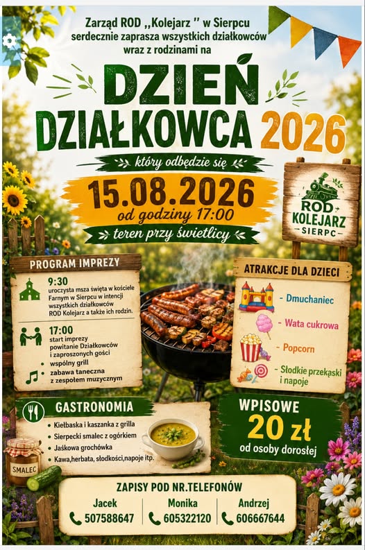 🌻 Dzień Działkowca 2026 w ROD „Kolejarz”! Zapraszamy na wspólne świętowanie 🌭🎶